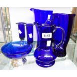 Three Bristol blue glass jugs and others with rough and milled pontils