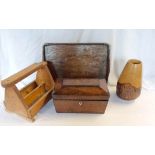 A turned wood vase, sarcophagus tea caddy (a/f), shoe shine trug and a tray