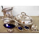 A quantity of silver plated items including entree dish, ice bucket and condiments, etc.