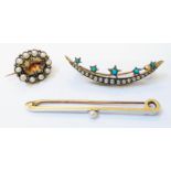 An Edwardian yellow metal crescent pattern brooch, set with turquoise and seed pearls - sold with