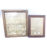 A framed antique sampler dated 1790 by Elizabeth Goble - sold with another dated 1806 by Hannah