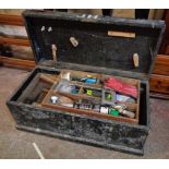 An old painted carpenter's chest with tray fitted interior and various tool contents