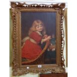 An ornate giltwood framed 19th Century oil on canvas portrait of a girl with her doll and sewing box