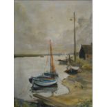 †Shirley Carnt: a framed oil on canvas, depicting an estuary scene with beached vessels - signed and