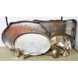 A quantity of silver plated items including three gallery trays, helmet pattern sugar bowls, etc.