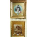 Two ornate gilt framed portrait prints, one a young girl in colour, the other young woman in sepia
