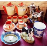 A Suzie Cooper part coffee set, Royal Worcester silver lustre teapot and hot water jug, etc.