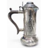 A 6 1/2" silver chocolate pot with hinged lid and wooden scroll handle - Sheffield 1890