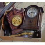 A box containing two stained wood cased American gong striking mantel clocks, modern barometer,