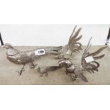 Two silver plated pheasant pattern table ornaments and a pair of fighting cocks similar