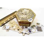 A Khatam box containing a cameo panel bracelet, simulated pearls and other costume jewellery