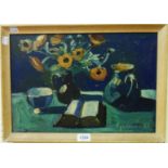 †E. Olesen: a framed oil on board still life of flowers, book and ceramics - signed and dated '