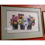 Joanna Hadfield: a gilt framed watercolour study of three potted pansies