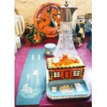 A pottery butter dish, two pieces of Wedgwood Jasperware and a moulded glass claret jug