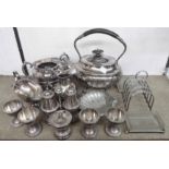 A silver plated three piece tea set and other plated items