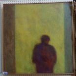 Joyce Earle: a framed oil on board figure in a yellow lighted doorway