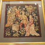 A gilt framed tapestry, depicting medieval vineyard workers