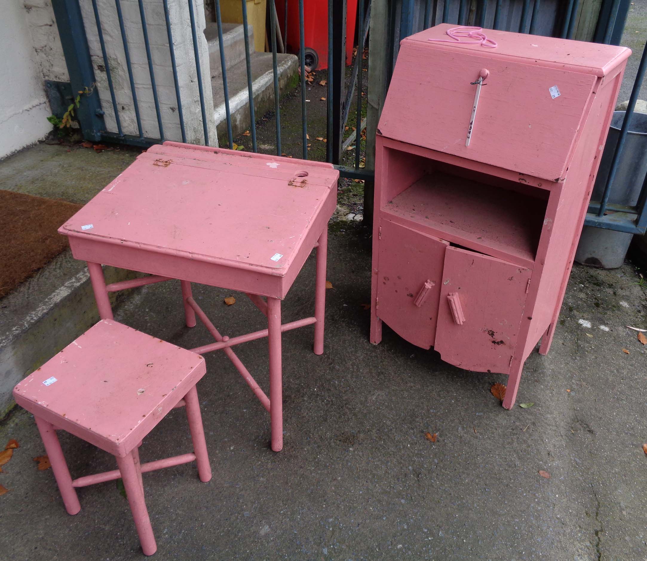 A vintage child's desk, bureau and stool with painted finish