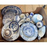 A box containing a quantity of blue and white ceramics including antique Ironstone, soup bowl,