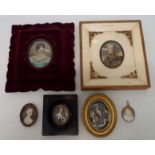 Six framed antique and later portrait miniatures, including military figure, women and child