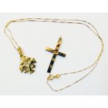 An unmarked yellow metal Jerusalem cross with diamond chip, chain bearing indistinct fineness