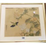 A framed modern oriental painting on silk, depicting flowering plants and kingfisher with text and