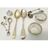 A quantity of assorted silver and white metal items including two silver rimmed salts, teaspoons and
