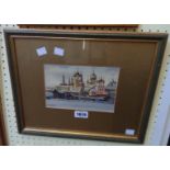 A gilt framed and slipped Russian watercolour, depicting a view of the Rostov Kremlin from the river