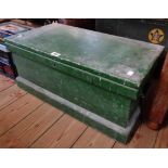 A 27 1/4" Victorian painted pine toolbox with tray fitted interior and flanking iron carrying