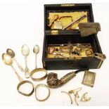 A box containing a quantity of assorted silver teaspoons, .925 chain mail purse, silver napkin rings