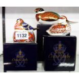 Three boxed Royal Crown Derby paperweights comprising Woodland Pheasant and Swimming Duckling with