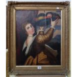 A gilt gesso framed oil on canvas, after the antique, depicting a medieval girl holding a bowl of