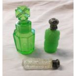 Two green glass scent bottles - sold with a small scent bottle with silver top