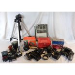 A collection of vintage photography and developing accessories including boxed Computrol 35mm film