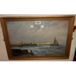 A gilt framed gouache, depicting a harbour entrance with sailing vessel and stylised chalk cliffs