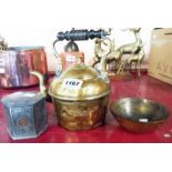 A brass kettle, octagonal silver plated box by Atkin Bros., etc.