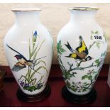 A pair of Franklin vases with woodland bird decoration, sat on hardwood stands