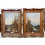 A pair of ornate gilt framed oil paintings under glass, depicting mountain landscapes with buildings