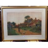 A gilt framed watercolour, depicting a farmstead with girl herding ducks in foreground -