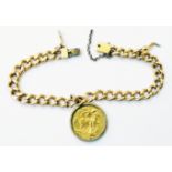 An 1898 gold sovereign loose mounted in .375 pendant frame on yellow metal kerb-link bracelet