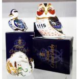 Three boxed Royal Crown Derby paperweights comprising Dormouse, Tawny Owl and sitting Duck, all with