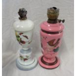 Two glass table oil lamps with painted decoration - one a/f