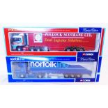 Two Corgi 1:50 scale model trucks, comprising 76401 Scania Curtainside Pollack (Scotrans) Ltd. and a