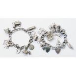 Two silver charm bracelets set with marked "silver", 925 and other white metal charms