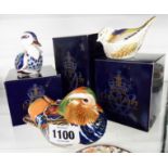 Three boxed Royal Crown Derby paperweights comprising sitting Duckling and Firecrest with gold