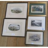 Nine Hogarth framed and other mainly bookplate coloured engravings, all local interest including