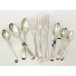 A collection of three silver forks and six tea and coffee spoons - various age and makers
