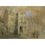 A framed watercolour, depicting a continental street scene with figures - indistinctly signed and
