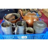 A box containing a quantity of metalware including copper kettle, pewter mugs, etc.