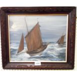 An Art Nouveau framed oil on board depicting two fishing vessels on choppy seas - 11 3/4" X 14 1/2"